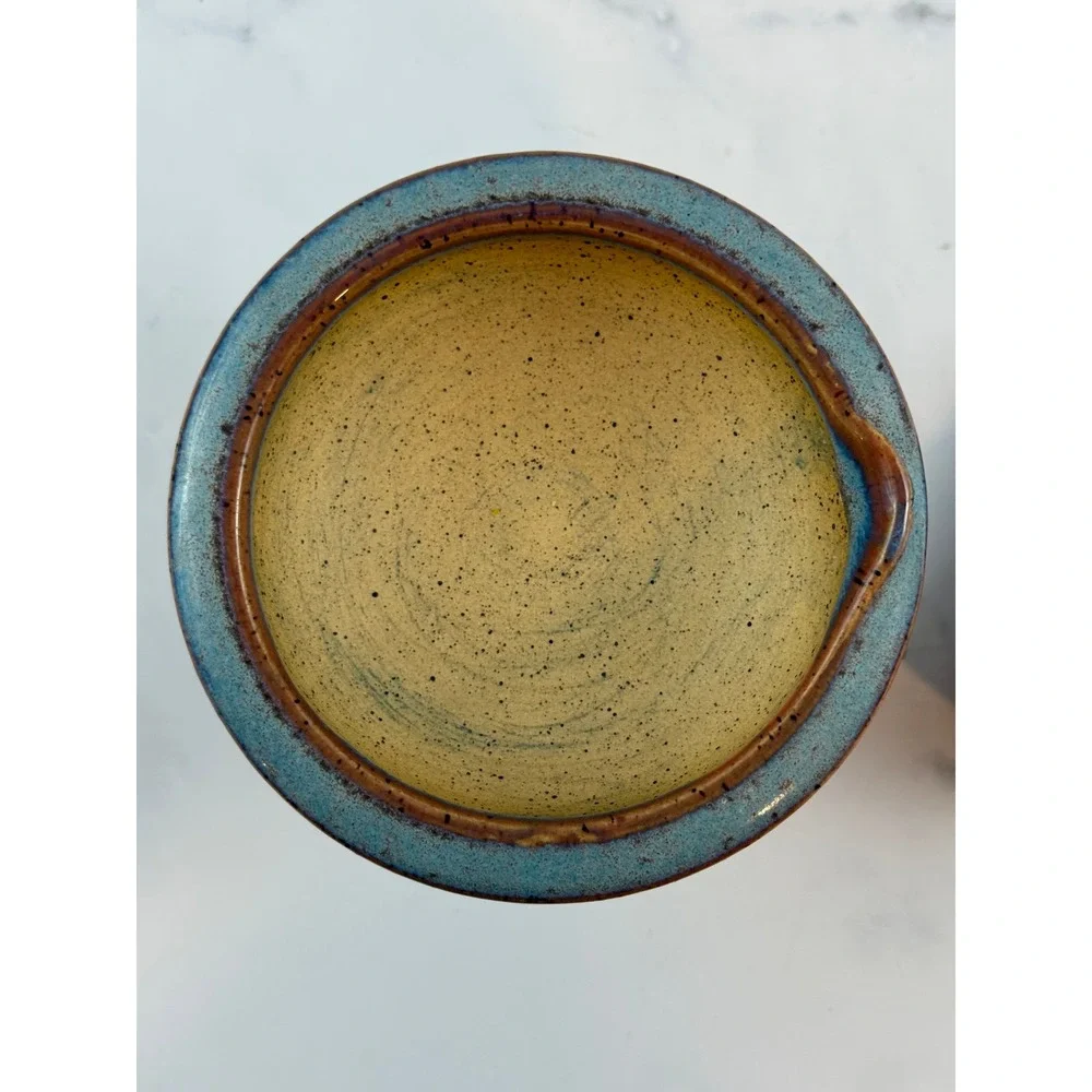 Handmade Ceramic Studio Pottery Blue Drip Glaze Mortar and Pestle